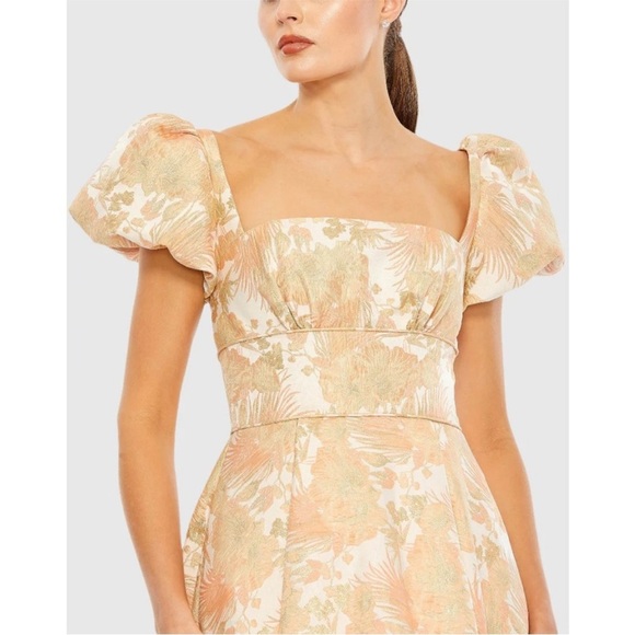 Mac Duggal 68276 Bubble Hem Square Neck Floral Puff Sleeve Hi-Lo Brocade Gown - Picture 13 of 16